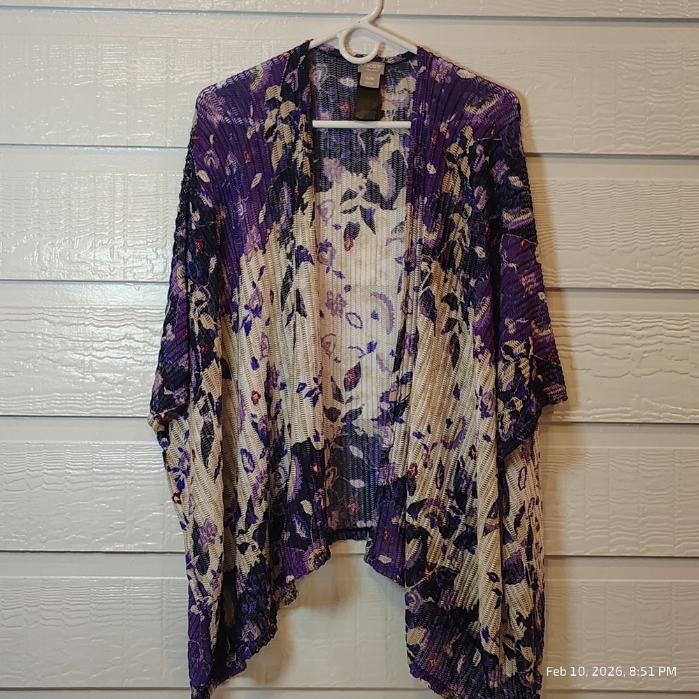 CHICOS Travelers Floral Open Front‎ Kimono Wheat Mesh Lightweight Stretch S/M